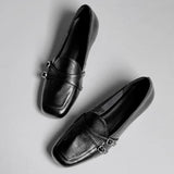 KYLETHOMASW  -  Elegant Burgundy Square Toe Loafers Women Fashion Metal Buckle Stitching Designer Shoes Comfortable Commuting Flat Office Shoes