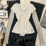KYLETHOMASW  -  Korean Vintage Spliced V Neck Long Sleeve Women Fake Two Piece Y2k Aesthetic Striped Slim Waist Clothes Casual American Tops