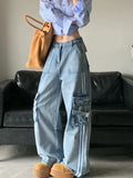 Kylethomasw Stripe Blue Cargo Jeans Women Y2k Harajuku Loose Vintage Korean High Waist Denim Trousers Hip Hop Causal Female Pants