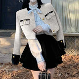 KYLETHOMASW  -  Women Two Piece Outfits Spring Autumn Vintage Fashion Elegant Luxury Coat Tweed Chic Slim Jacket Sexy High Waist Mini Skirt