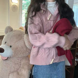 KYLETHOMASW  -  Kawaii Hooded Knitted Cardigan Women Cute Pink Sweater Outerwears Fashion Korean Knitwears Winter Long Sleeve Jumpers New
