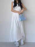 KYLETHOMASW  -  2025 Fashion Korean Side Pleated Large Swing Vest Dress Women Summer New Retro and Stylish Loose White Long Vestidos