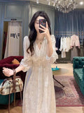 Kylethomasw French Spring/Summer Fashion Party Dress Vintage Puff Sleeve Mid-length Dress for Women V Neck Elegant Fairy Wedding Dress Robe