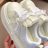 KYLETHOMASW  -  Women's Kawaii Ribbon Thick Heel Breathable White Sneakers Casual Running Shell Shoes Chunky Y2K Dad Style for Spring