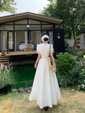 KYLETHOMASW  -  Summer French Style Dress for Women V Neck Short Sleeve Lace Trim Slim Fit Waist A Line Long Dress Elegant Flattering Design