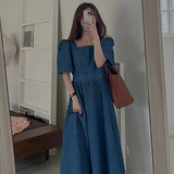 KYLETHOMASW  -  Korean Chic Summer Square Neck Back Zipper Waist Bubble Sleeve Denim Dress Women Beautiful Robe
