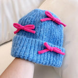 KYLETHOMASW  -  Sweet Hot Girl Bow Knitted Hat for Women's Autumn and Winter Cute Thick and Warm Skullies & Beanies Female Trendy Accessories