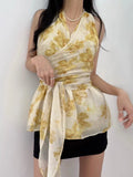 KYLETHOMASW  -  2025 Korean Floral Print Neck Hanging Chiffon Floral Shirt Women Summer New Retro Western-style Cross Tie Vest Top