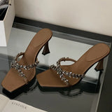 KYLETHOMASW  -  Street Style CRYSTAL Narrow Band Slippers Woman Open Toe Thin High Heels Sandals Stripper Party Slides Shoes