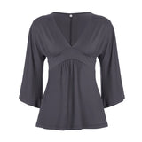 KYLETHOMASW  -  Women Casual Deep V Neck Blouse Loose Fit Long Sleeve Top Flowy Bell Sleeve Tunic Shirt Daily T-shirt Sexy Summer Outfit