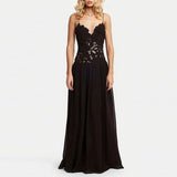 KYLETHOMASW  -  Elegant Pure Color Chiffon Dress Sexy Lace Spliced Mesh Pleated Evening Dress Fashion Hollow Out Sleeveless Halter Banquet Dress