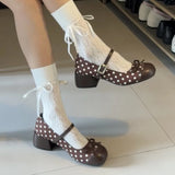 KYLETHOMASW  -  Cute Polka Dot Thick Heel Women Mary Jane Shoes Designer Buckle Strap Pumps Ladies Eelgant Butterfly-knot Dress Single Shoes