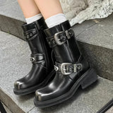 KYLETHOMASW  -  Autumn Winter Metal Belt Buckle Women Motorcycle Boots Fashion Rivet Patent Leather Platform Wedge High heels Chunky Boots Shoes