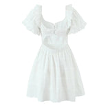 KYLETHOMASW  -  Pretty Girl Holiday Summer Dresses Women O Neck Short Sleeve A-line Mini Hollow Out Embroidery White  Dress Backless Robe