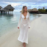 Kylethomasw Sexy Women Long Knit Beach Dress Hollow Out Deep V-Neck Long Sleeve Swimsuit Cover Up Beach Outfit Simwear  Holiday Dress