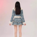 KYLETHOMASW  -  Sweet Hot Girl Suit Women's Autumn/winter Denim Patchwork Furry Short Coat A-line Skirt Two-piece Set Fashion Female Clothes