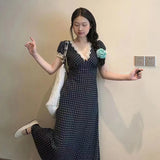 KYLETHOMASW  -  French Retro Lace Patchwork Maxi Dress Polka Dot Sweet Slim Short Sleeve Dress V Neck Preppy Style Summer Beach Party Vestidos