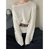 KYLETHOMASW  -  Knitted Sweater Women Diagonal Collar Off Shoulder Autumn Winter Hollow Out Belt Pullover Vintage Elegant Jumper Ladies