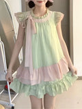 KYLETHOMASW  -  Japanese Sweet Ruffle 2 Piece Set Women Kawaii Bow Tops + Mini Cake Skirts New Fashion Cute Patchwork Loose Cute Fairy Suit