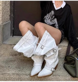 KYLETHOMASW  -  Vintage Pleated Belt Buckle Faux Suede Women Knee High Boots Autumn Winter Fashion High heels Western Cowboy Knight Boots Shoes