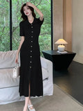 KYLETHOMASW  - Women Black Beige Temperament Split Knit Dress Summer Vintage Single Breasted Robe 2024 Green Office Lady New Elegant Long Dress