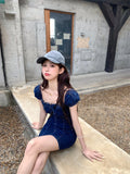 KYLETHOMASW  -  French Retro Denim Dress Women's Summer Off Shoulder Flying Sleeves Square Collar Slim Dress Fashion Female Clothes