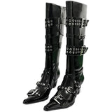 KYLETHOMASW  -  Black Square Toe Belt Metal Ring Buckle Detail Block Heels Knee High Boots Cool Girl Slip-On Punk Chelsea Boots Summer Solid