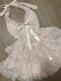 KYLETHOMASW  -  Women Sweet Mini Dress Halter Neck Polka Dot Ruffle Bow Lace Trim Slim Fit Suit Kawaii Lolita Style Summer Cute Girl Outfit 2025