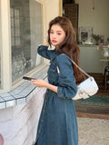 KYLETHOMASW  -  Autumn Spring New Design Vintage High-Waisted Long Denim Dress Women Single Breasted Slim Waist Pleated Mid-Length Dresses