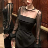 KYLETHOMASW  -  Autumn Japan Fashion New Irregularly Design Women's Tops Mesh Splicing Lace Long-sleeved T-shirt Chic Slimming Elegant Outfits