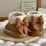 KYLETHOMASW  -  Bow Cotton Shoe Waterproof Plush Boots Women Cute Warm Ankle Boots New Ladies Outdoor Non-slip Thick Sole Snow Boot Furry