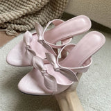 KYLETHOMASW  -  Fashion Women Pink Bow Knot High Heel Mules Open Toe Patent Leather Slip On Sandals Thin Heel Summer Party Dress Shoes