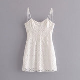 KYLETHOMASW  -  Women White Lace Hollow Out Embroidery With Wire Bra Chest Sling Mini Dress Romantic Backless Sling Party Club Bodycon Dresses