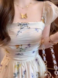 KYLETHOMASW  -  French Square Collar Flying Sleeve Floral Dress Women Summer New Patchwork A Line Dress High Waist Backless Temperament Vestidos