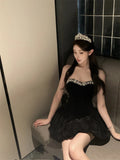 KYLETHOMASW  -  Heavyweight Velvet Mini Dress Women Sparkling Star Diamond One Shoulder High Waist Puffy Silken Gown Street Style Trendy Fashion
