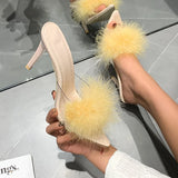 KYLETHOMASW  -  41-43 big size fur sandals high heels transparent slippers women brand designer feather sandalias mujer pointy open toe slides