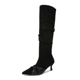 KYLETHOMASW  -  Ladies High Heels long boots winter shoes pointed toe leather bowknot flock knee high botas mujer 41-43 big size female booties