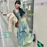 KYLETHOMASW  -  Elegant Vintage Tie Dye Slim Fit Fungus Long Sleeve Tops Women+ Y2k High Waist Ruched Skirts 2025 Summer New Two Piece Sets