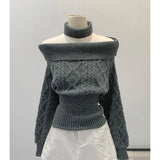 KYLETHOMASW  -  Off Shoulder Sweater Women Sexy Cropped Knitted Pullovers Korean Fashion Slash Neck Knitwears Winter Long Sleeve Jumpers