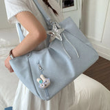 KYLETHOMASW  -  Vintage Frosted Tote Bag Casual Students Purse Large Capacity Shoulder Bag Polka Dot Drawstring Zipper Handbag with Star Pendant