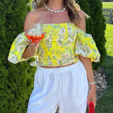 KYLETHOMASW  -  Trendy Yellow Floral Print Puff Sleeve Corset Top Cute Square Neck Ruched Crop Top Summer Vacation Outfit Women's Clothing