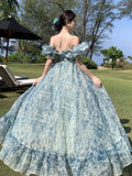 KYLETHOMASW  -  Summer Print Womens Dresses Elegant Casual Slash Neck Birthday Party Dress French Style A-line Split Vestidos Robe Femme Clothes
