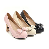 KYLETHOMASW  -  Women Pumps Round Toe Platform Thick High Heels Bow Shallow Ladies Fashion Wedding Shoes Spring Autumn Black Beige 43