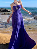 KIylethomasw Women Purple Elegant Halter Bandage Long Dresses High Waist Hollowed Out Pleated Evening Party Summer Backless Vacation Sundress