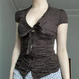 KYLETHOMASW  -  American style light mature V-neck lace up pleated slim fit shoulder T-shirt new polka dot short sleeved top
