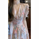 KYLETHOMASW  -  Chiffon Pink V-Neck Floral Dress Holiday Style Beautiful Unique Waist Temperament Beach Skirt Floral Dress Female