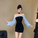 KYLETHOMASW  -   Sweet Hot Girl Pleated Lace-up Off Shoulder Dress for Women's Autumn Slim Fit Bubble Sleeve Patchwork Dress Female Clothes