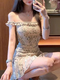 KYLETHOMASW  -  Sweet Floral Mini Dress Women Summer Casual Beach Vacation Sleeveless Dresses Slim Fit Slash Neck Cute Ruffles A Line Dress New