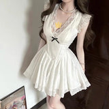 KYLETHOMASW  -  French First Love Dress Women Summer White Lace Short Dress Puff Sleeve Hollow-Out Floral Embroidery A-Line Flared Skirt Y2K