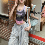 Kylethomasw Summer New Korean Letter Printed Lace Patchwork Sexy Camisole Women + High Waist Drawstring Striped Pants Two-piece Suit